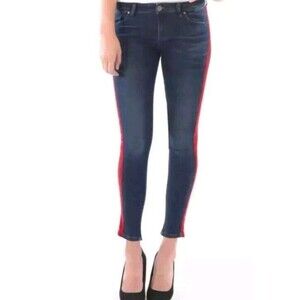 Dark Blue Skinny Jeans with Red Side Stripe Detail